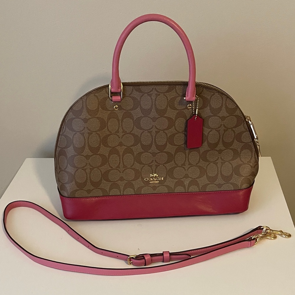 Coach Brown Signature Dome Satchel with Hot Pink Trim
